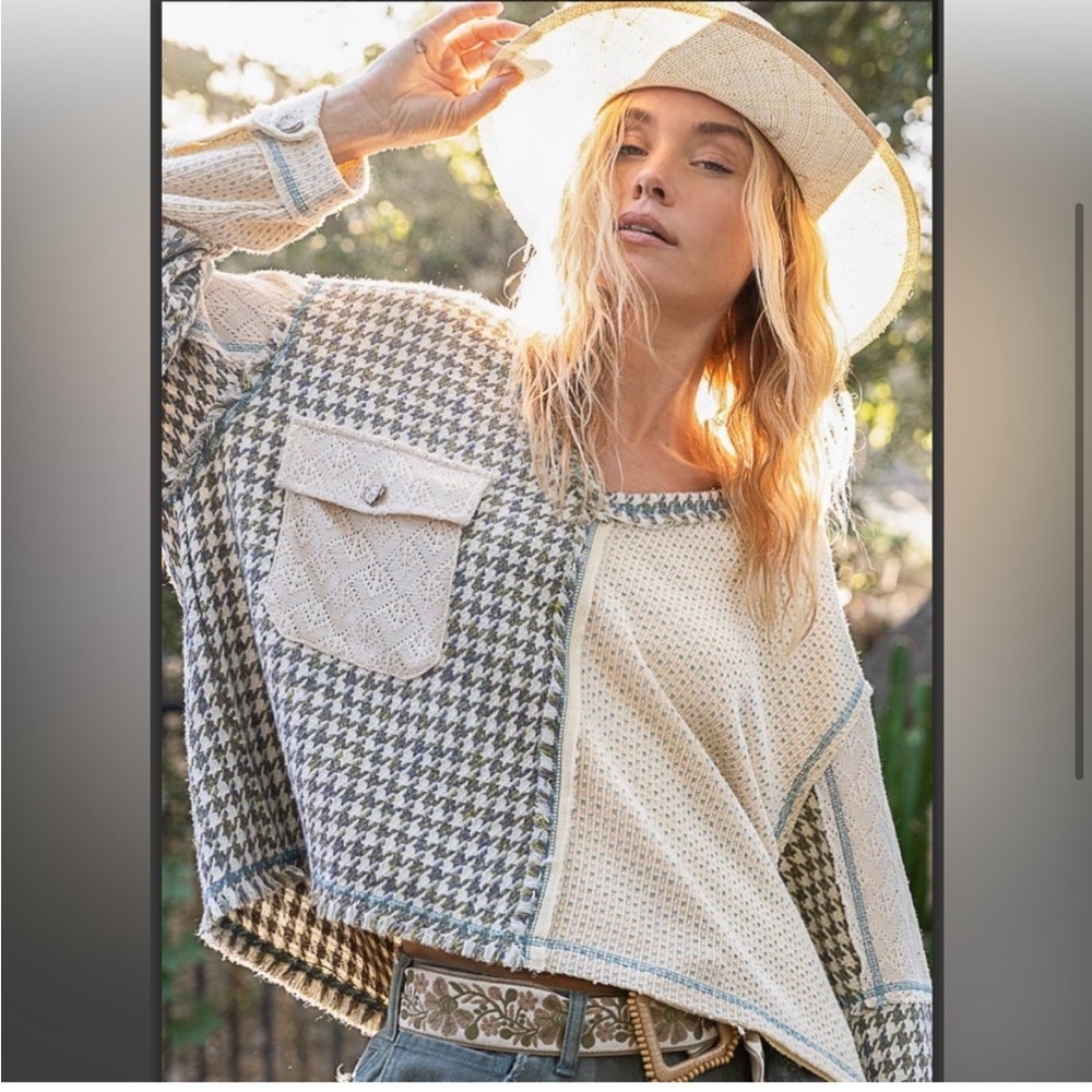POL Women's Patchwork Sweater - Cream and Gray - Picture 3 of 4